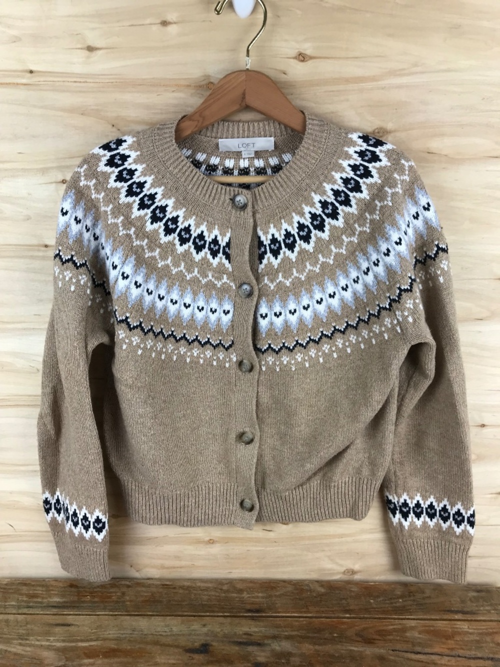 Tan Fair Isle Button Up Cardigan Sweater Size M Nordic‎ Camel Beige Scandinavian